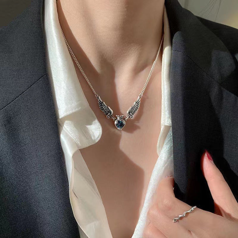 Vintage Gothic Heart Crown Angel Wings Pendant Necklace - Gifts for Them