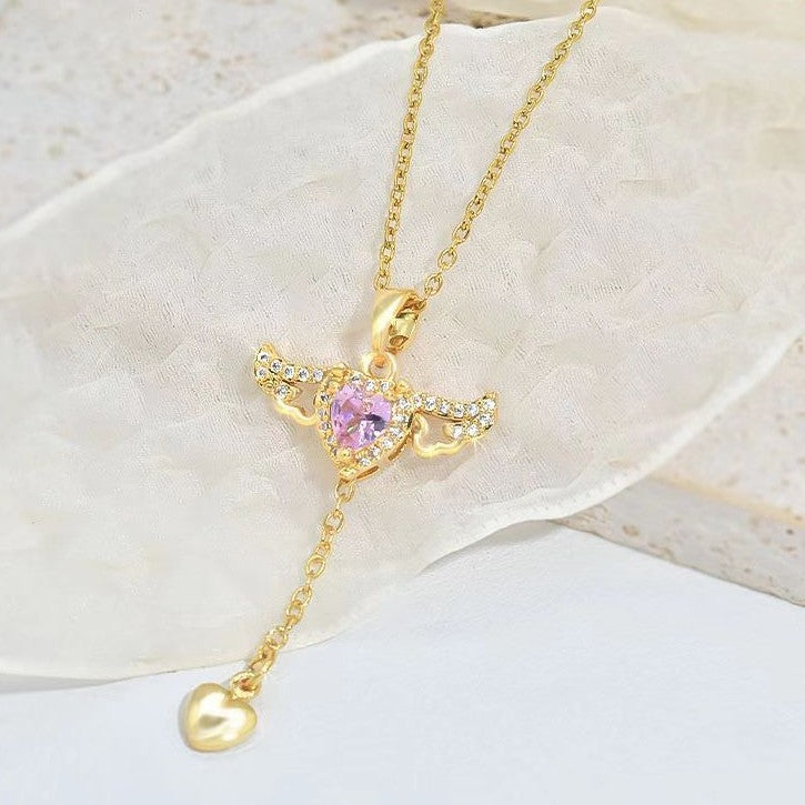 Moving Cupid Heart Angel Wings Tassel Necklace With Crystal Clavicle - Gifts for Them