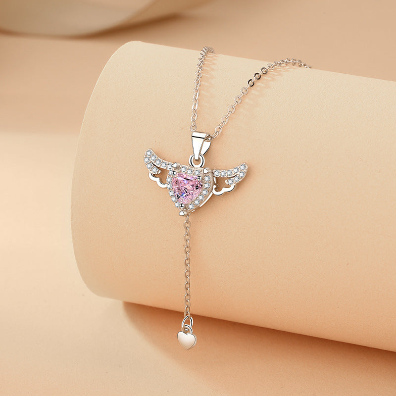 Moving Cupid Heart Angel Wings Tassel Necklace With Crystal Clavicle - Gifts for Them