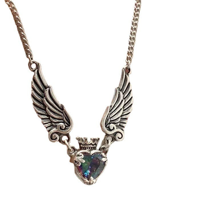 Vintage Gothic Heart Crown Angel Wings Pendant Necklace - Gifts for Them