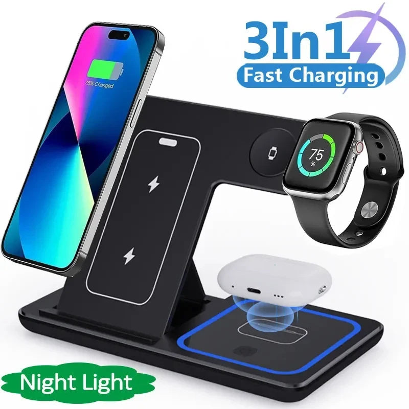 15W 3 In 1 LED Fast Wireless Charger Stand Foldable Charging Station - Gifts for Them